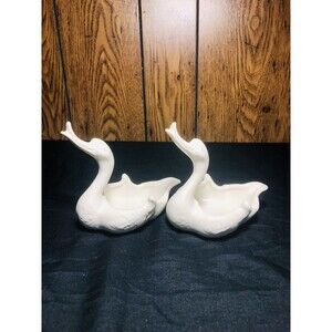 Set Of 2 Hull Swan Dish Trinket Candy Matte White Made USA Art Pottery Vintage